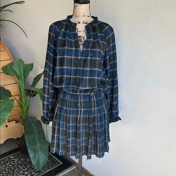 Current Air Plaid Blouson Sleeve Pleated Mini Length Dress Size Medium - Picture 2 of 16